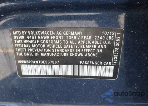 2013 Volkswagen Cc 2.0T Sport Plus from USA, damaged, VIN WVWBP7AN7DE537867